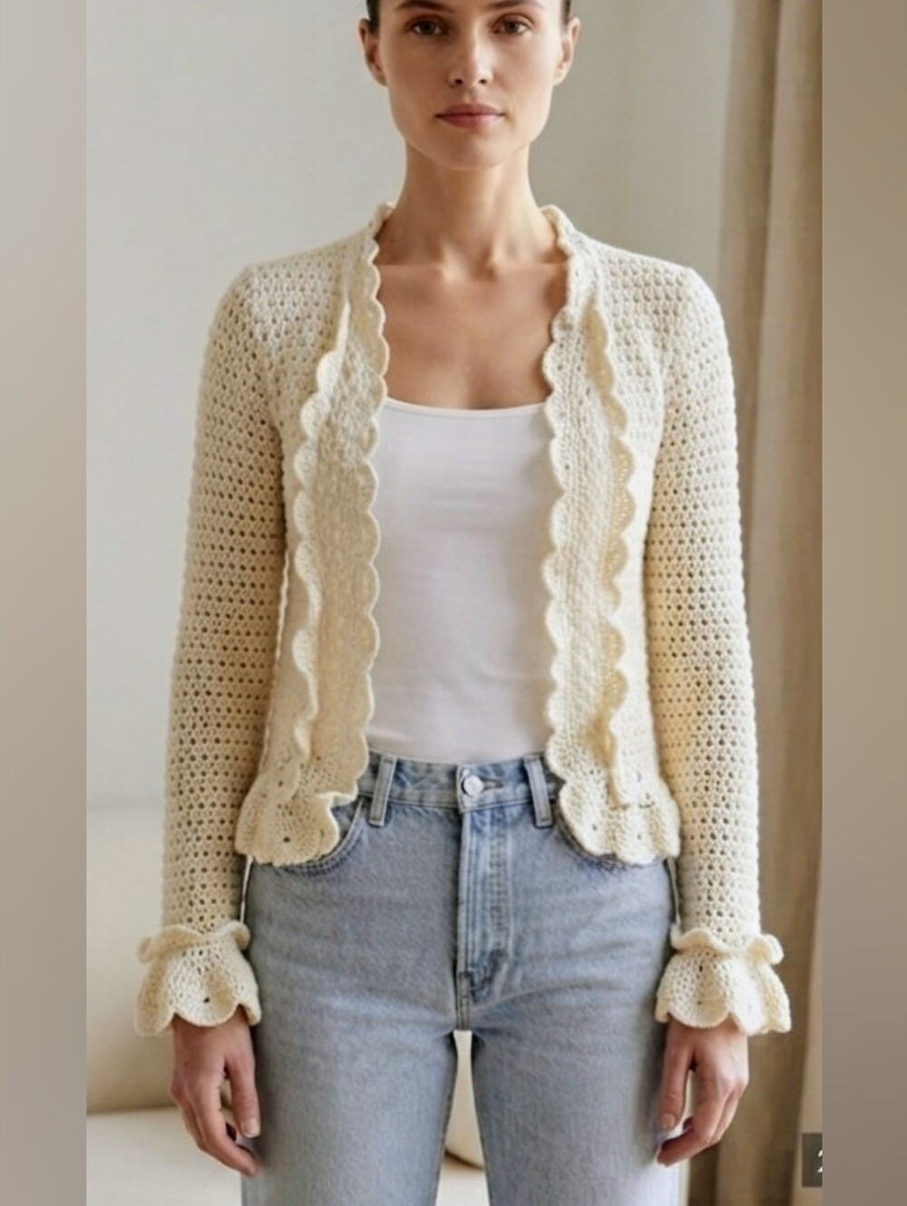 Cream Crochet Vintage-Inspired Knit Cardigan Small - NWOT